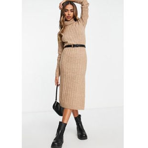 Asos Design Ribbed Turtleneck Sweater Dress, Side Slit, Camel, Size 8